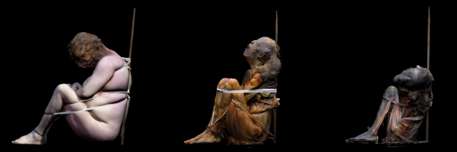 Experimento realizado con cadáver de momificación natural guiada aplicando ataduras más apretadas según el cuerpo va perdiendo volumen  - Rita Peyroteo-Stjerna, Liv Nilsson Stutz, Hayley Louise Mickleburgh, João Luís Cardoso. Publicación: European Journal of Archaeology / Cambridge University Press