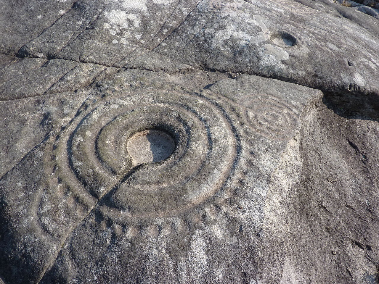 Petroglifo de círculos concéntricos con canal central en Laxe das Rodas, Galicia, obsérvense las pequeñas cazoletas que rodean la figura como en Marruecos. Son especialmente abundantes en toda la cornisa atlantica europea / Wikipedia