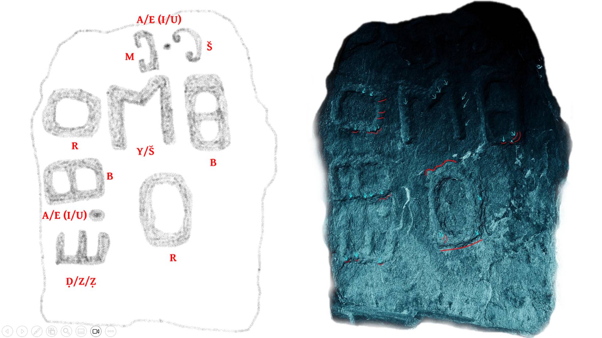 Izda. Interpretación de los signos y los valores fonéticos de la Estela de Escúllar. Dcha. Análisis de los microcortes en la roca - Estudio de Georgeos Díaz-Montexano Image