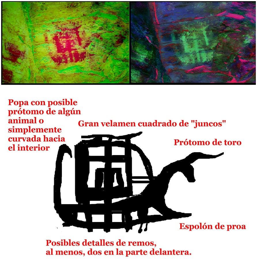 Reconstrucción del panel lateral con figura de barco con prótomo de toro - Georgeos Díaz-Montexano Reconstrucción del panel lateral con figura de barco con prótomo de toro - Georgeos Díaz-Montexano - SAIS